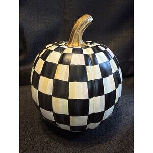 MacKenzie Childs Black & White Courtly Check Checker 8” Pumpkin Gold Stem